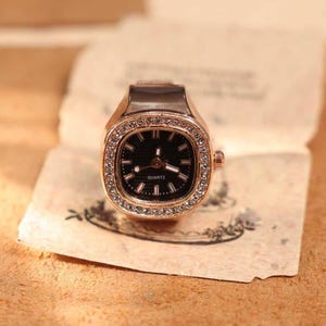 Personalized Crystal Ring Watch: Custom Engraved Square Dial Jewelry Rose gold-black