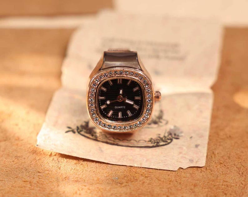 Personalized Crystal Ring Watch: Custom Engraved Square Dial Jewelry Rose gold-black