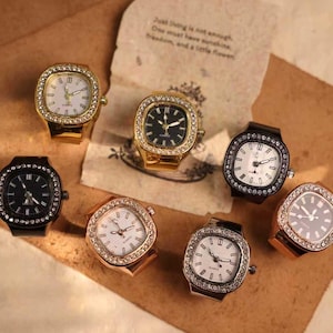 Personalized Crystal Ring Watch: Custom Engraved Square Dial Jewelry image 1