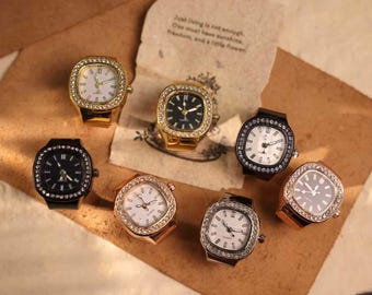 Personalized Crystal Ring Watch: Custom Engraved Square Dial Jewelry