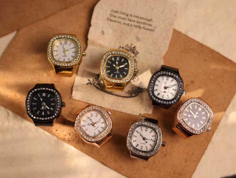 Personalized Crystal Ring Watch: Custom Engraved Square Dial Jewelry image 1