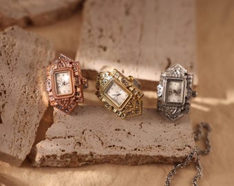 Vintage Rectangular Ring Watch, Adjustable Alloy Crystal Statement Clock