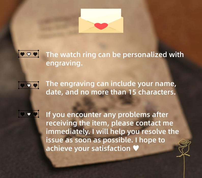 May include: A close-up of a beige card with text about a watch ring that can be personalized with engraving. The card also mentions the engraving can include a name and date, with a limit of 15 characters. An envelope with a heart is at the top.
