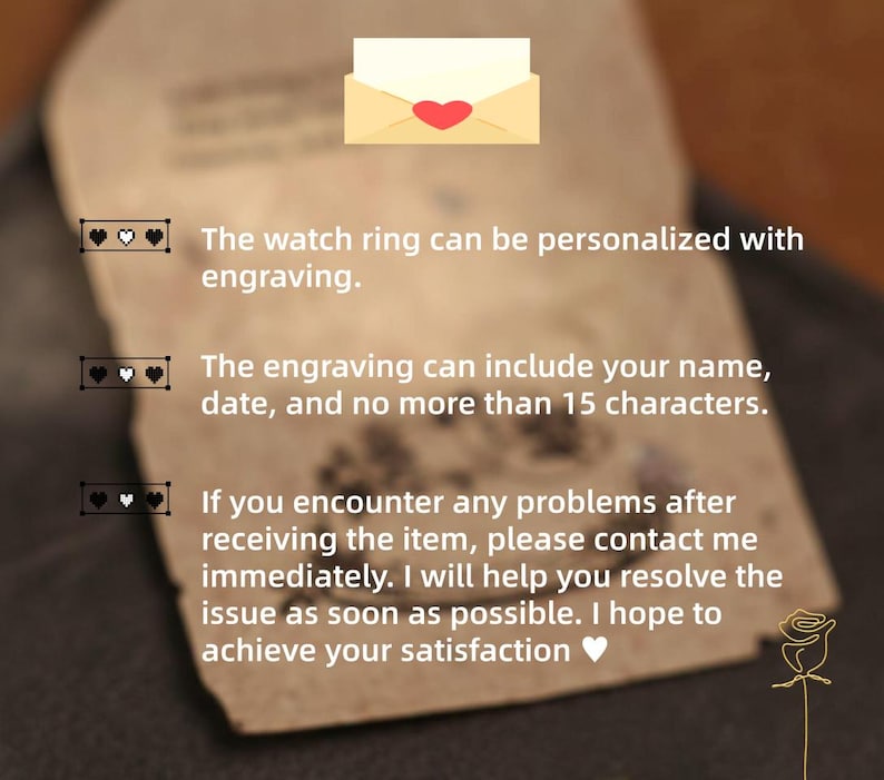 May include: A close-up of a beige card with text about a watch ring that can be personalized with engraving. The card also mentions the engraving can include a name and date, with a limit of 15 characters. An envelope with a heart is at the top.