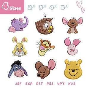 Könnte beinhalten: Eine Sammlung von neun gestickten Charakterdesigns, darunter ein violetter Elefant, eine braune Eule, ein braunes Känguru, ein gelber Hase, ein orangefarbener Tiger, ein rosa Ferkel, ein blauer Esel, ein braunes Kängurubaby und ein gelber Bär. Text: 4 Sizes, 2, 3, 4, 5, JEF, EXP, DST, PES, VP3, HUS.