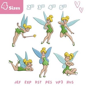 May include: A digital embroidery design set featuring six poses of a blonde fairy with light blue wings and a green dress. The text 4 Sizes 2" 3" 4" 5" and file formats JEF EXP DST PES VP3 HUS are visible. Two small pink hearts are in the top right corner.