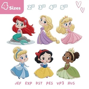 Può includere: Un set di ricami digitali con sei principesse dei cartoni animati in vari abiti colorati. Il testo 4 Sizes 2" 3" 4" 5" appare in alto e i formati file JEF, EXP, DST, PES, VP3, HUS sono elencati nella parte inferiore dell'immagine.