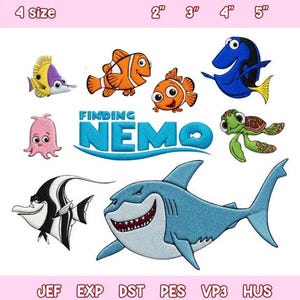 May include: A collection of Finding Nemo embroidered patches featuring a blue shark, a green sea turtle, two orange clownfish, a pink octopus, a yellow and purple fish, and a black and white fish. Text reads 4 size 2" 3" 4" 5" and JEF EXP DST PES VP3 HUS.