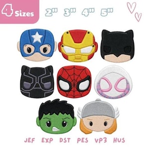 May include: A collection of eight embroidered superhero character patches featuring stylized faces of Captain America, Iron Man, Batman, Black Panther, Spider-Man, Spider-Gwen, Hulk, and Thor. The text 4 Sizes 2" 3" 4" 5" and JEF EXP DST PES VP3 HUS is visible.