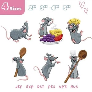 May include: Six embroidered rat designs featuring various poses, including one with a wooden spoon, one with a chef hat, and one with cheese and grapes. Text includes 4 Sizes, 2, 3, 4, 5 inches, and file formats JEF, EXP, DST, PES, VP3, HUS.