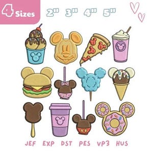 May include: A collection of eleven machine embroidery designs featuring food items shaped like Mickey Mouse, including ice cream, pizza, a burger, cotton candy, and donuts. The text 4 Sizes 2" 3" 4" 5" and file formats JEF, EXP, DST, PES, VP3, HUS are visible.