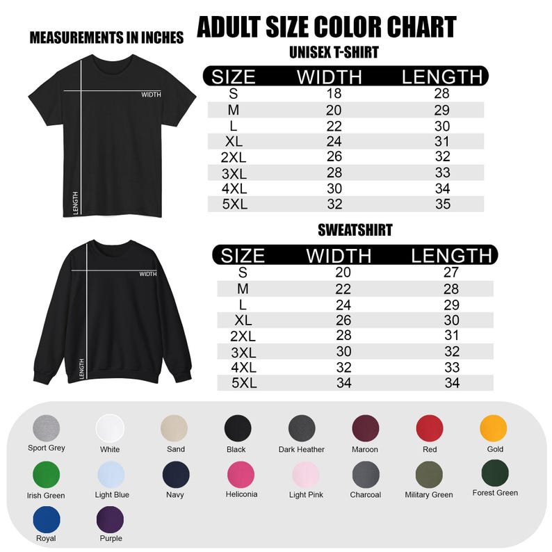 May include: A black t-shirt and sweatshirt with size charts and colour options. The t-shirt measurements are in inches, with sizes ranging from S to 5XL. Colour options include Sport Grey, White, Black, and more.