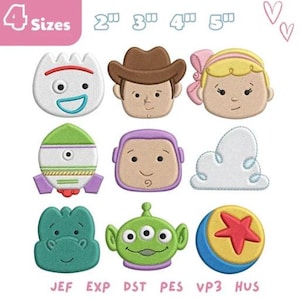 May include: A collection of nine embroidered character patches featuring various figures including a white spork, a cowboy, a blonde character with a pink bow, a rocket, a purple-hooded face, a cloud, a green dinosaur, a three-eyed alien, and a ball with a red star. Text includes 4 Sizes, 2, 3, 4, 5 inches, and file formats JEF, EXP, DST, PES, VP3, HUS.
