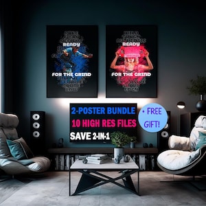Puede incluir: Dos carteles negros con texto y gráficos de neón, uno con una persona en azul y el otro en rosa. El texto de los carteles dice "FOR THE GRIND". Debajo de los carteles hay un televisor con el texto "2-POSTER BUNDLE + FREE GIFT!" y "SAVE 2-IN-1".