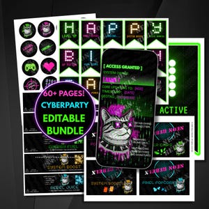Puede incluir: Un paquete editable de Cyberparty con más de 60 páginas. El diseño presenta un gato con gafas de sol y cresta, junto con acentos verde neón y rosa. Incluye pancartas, etiquetas y gráficos con temas de juegos.