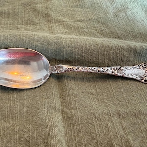 Puede incluir: Una cuchara de plata con un diseño floral ornamentado en el mango. El cuenco de la cuchara es de forma ovalada y refleja la luz ambiental. El mango presenta tallas detalladas y un extremo decorativo.