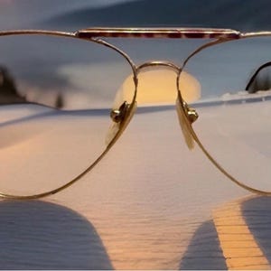 May include: Gold-rimmed aviator eyeglasses with clear lenses. The top bar features a tortoiseshell pattern. The nose pads are a light yellow color. The glasses are set against a blurred background, suggesting an outdoor setting.