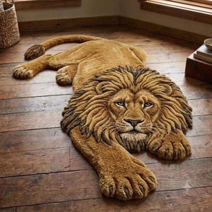 3D Lion Rug Hand Tufted Wool  Animals Carpet, Custom Safari Nursery Decor, Curved Shape Floor Art Statement Piece