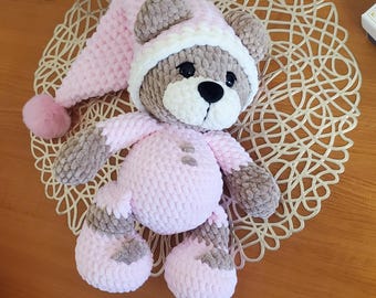 Crochet Plush Bear in Pink Pajamas, Stuffed Teddy Bear with Removable Nightcap, Soft Amigurumi Bearie