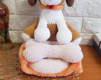 Handmade Crochet Puppy Plush Set - Soft Stuffed Dog with Bed, With bone