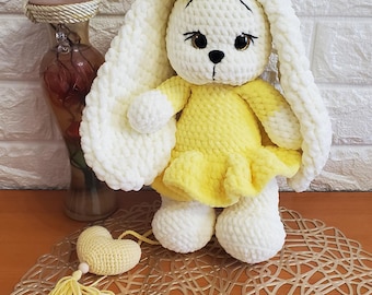 Crochet Plush Bunny in Yellow Dress, Stuffed Long Eared Rabbit Toy, Handmade Amigurumi Bunny, Soft Plushie Gift