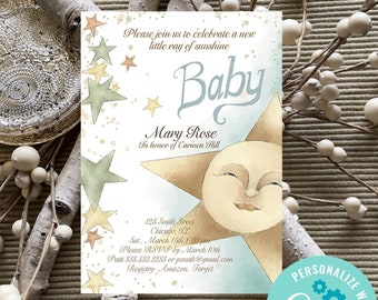Little ray of sunshine baby shower invitation template, sun and stars invite, baby shower invitation gender neutral, download template