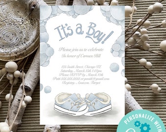 Blue sneakers baby shower invitation template, it's a boy invite, invitation baby boy, baby shower invitation Instant Download Template