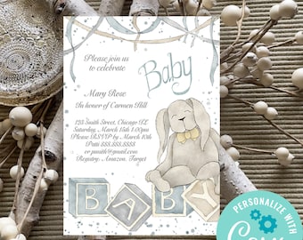 Baby bunny baby shower invitation template, baby bunny and blocks baby shower invite, gender neutral, baby shower instant download template