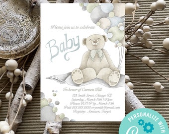 Teddy bear baby shower invitation template, teddy bear and balloons, baby shower invite, shower invitation instant download, gender neutral