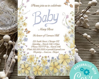 Flower garden baby shower invitation template, flowers and butterflies, shower invitation girl,  instant download template to personalize