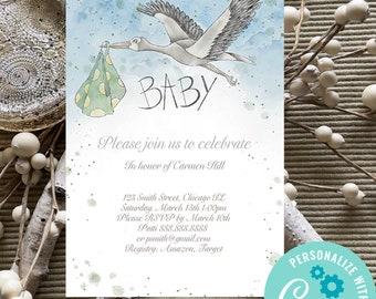 Stork delivery baby shower invitation template, baby shower invite, stork, gender neutral, baby shower invitation instant download template