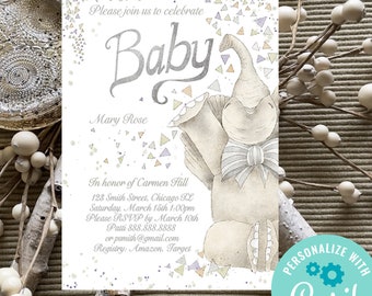 Baby elephant baby shower invitation template, baby elephant and confetti invite, baby shower instant download template, gender neutral