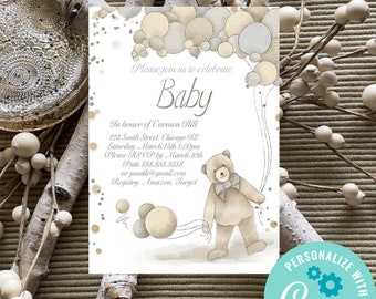 Editable baby shower invitation template, teddy bear and balloons invite, shower invitation boy, shower  girl, Instant Download Template