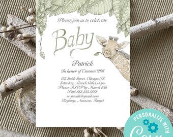 Editable baby shower invitation template, jungle baby giraffe invitation, shower invitation boy, shower girl instant download template