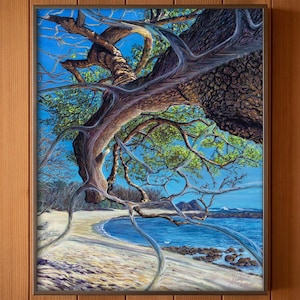 May include: A framed painting depicts a coastal scene with a large tree. The tree's branches arch across the canvas, framing a view of a sandy beach, blue water, and distant mountains under a bright blue sky. The artwork is rich in detail.