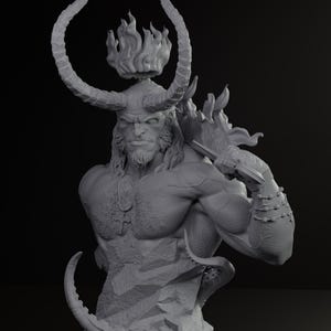 May include: A gray bust of a muscular, horned figure with a stern expression. The figure has long hair, a beard, and a flame-like detail atop the head. The sculpture is mounted on a rocky base, with a tail-like appendage.