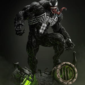 May include: A detailed statue of Venom, a Marvel Comics character, in a dynamic pose. The figure is predominantly black with white accents and a large, menacing mouth with a long red tongue. It stands on a rocky base with a green glowing element.