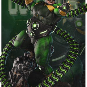 May include: A detailed action figure of Doctor Octopus in a dynamic pose. The figure is predominantly green with black accents and features four mechanical tentacles with glowing green details. The figure is set against a green background with the words "DOCTOR OCTOPUS".