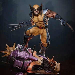 May include: A detailed figurine of Wolverine in a dynamic pose, clad in a yellow and blue costume with claws extended. The figure stands atop a damaged, purple and gold mechanical structure, set against a backdrop of a ruined cityscape.