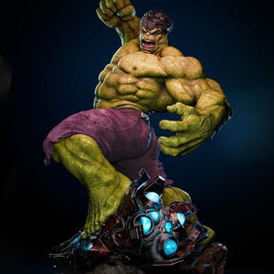 May include: A detailed statue of the Hulk in a dynamic pose, with green skin, purple shorts, and a fierce expression. The figure is mounted on a detailed base with blue glowing accents and a dark background.