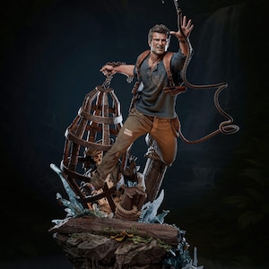 May include: A detailed statue of a man in action, holding a cage and an ice axe. He wears a blue shirt, brown trousers, and a leather harness. The base features a rocky terrain with a wooden beam, ice shards, and a skeleton inside the cage. The background is dark.