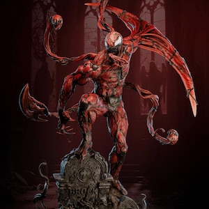 Puede incluir: Estatua detallada del personaje Carnage de Marvel Comics, en una pose dinámica. La figura es predominantemente roja con venas negras, de pie sobre una base de lápida. La estatua presenta detalles intrincados, incluyendo zarcillos y una expresión amenazante.