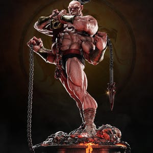 May include: A detailed statue of a muscular, four-armed character with a fierce expression. The figure is depicted in a dynamic pose, holding chains and a bladed weapon. The statue is set on a stone base with skull and fire details, showcasing a dark fantasy theme.