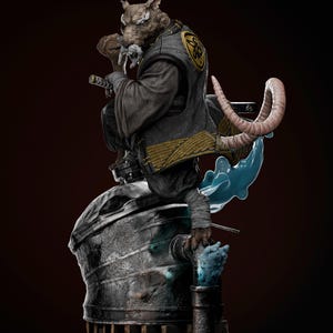 May include: A detailed statue of a rat-like character in a dark gray and gold outfit, holding a sword. The figure is perched atop a weathered, metallic structure with blue accents, set against a dark background.