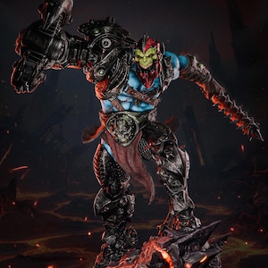 May include: A detailed action figure of a monstrous warrior with a green skull-like face, red beard, and blue skin. The figure is heavily armoured in black and grey, with a large mechanical arm and a spiked weapon. The figure stands on a rocky, lava-filled base.