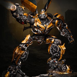 May include: A detailed, action-oriented image of a yellow and black robot with a weapon. The robot is posed dynamically, with a weapon extended and a cityscape in the background. The robot's design features intricate mechanical details.