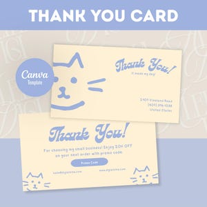 Blue Minimalist Cat Thank You Card Template Small Business Insert (Digital Download)