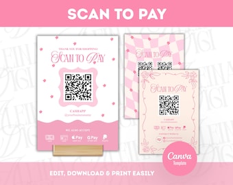 Letrero retro floral para escanear y pagar: Plantilla editable de Canva (Descarga instantánea)