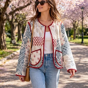 May include: A cream patchwork jacket with red trim and blue and red patterned panels. The jacket has two front pockets and is worn open. The jacket is paired with a white top and blue jeans.