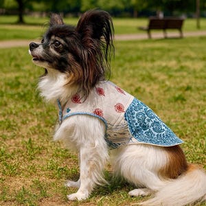 May include: A Papillon dog wearing a patterned vest with floral and paisley motifs. The vest features white fabric with red roses and blue paisley designs. The dog is sitting on grass in a park.